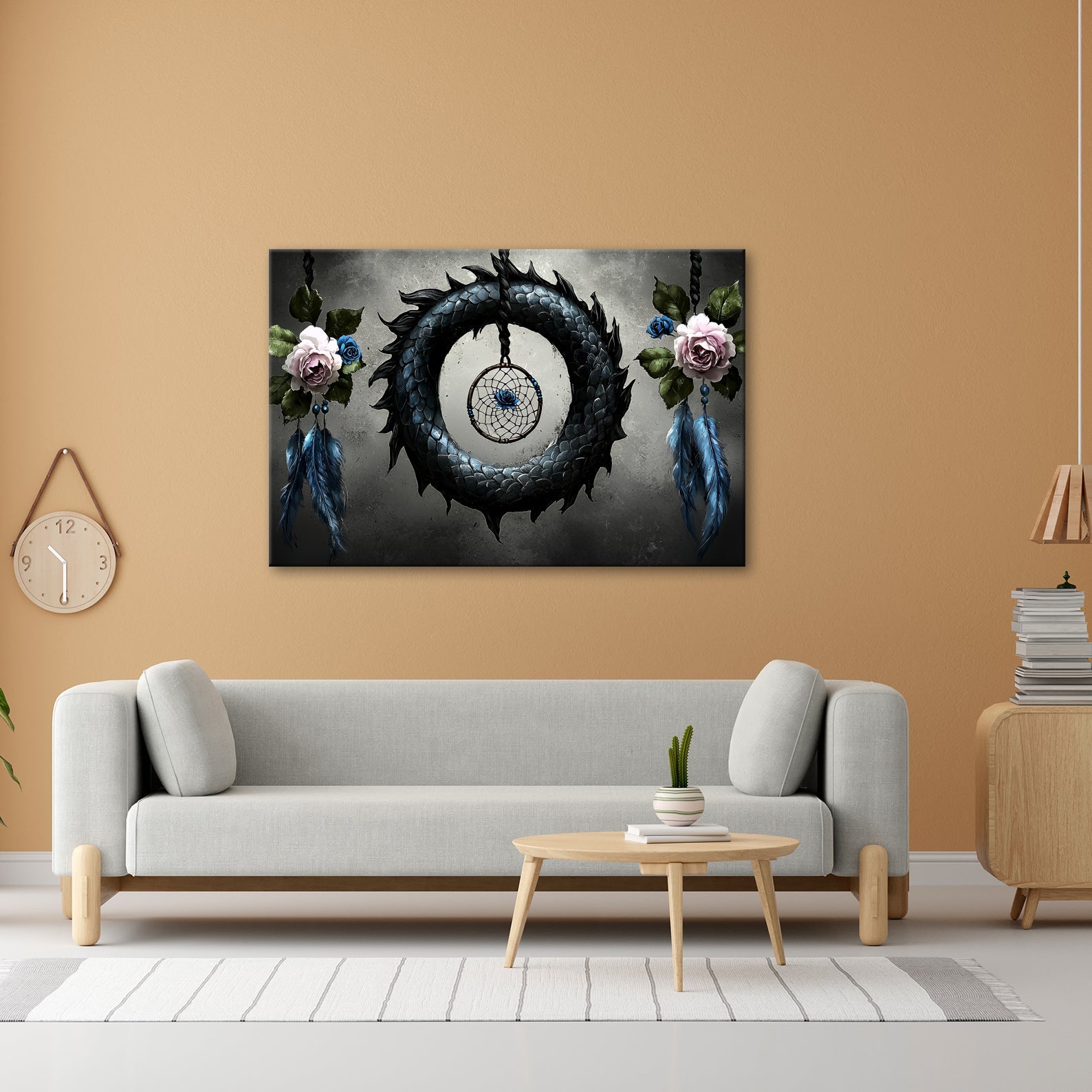 Leinwandbild Drachenring XXL – Düster mit zarten Rosen und Federn - deyoli