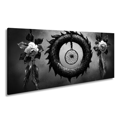 Leinwandbild Drachenring XXL – Düster mit zarten Rosen und Federn - deyoli