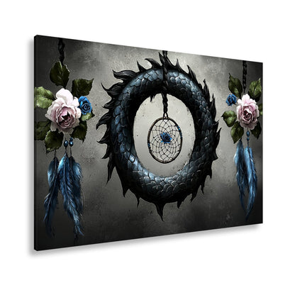 Leinwandbild Drachenring XXL – Düster mit zarten Rosen und Federn - deyoli