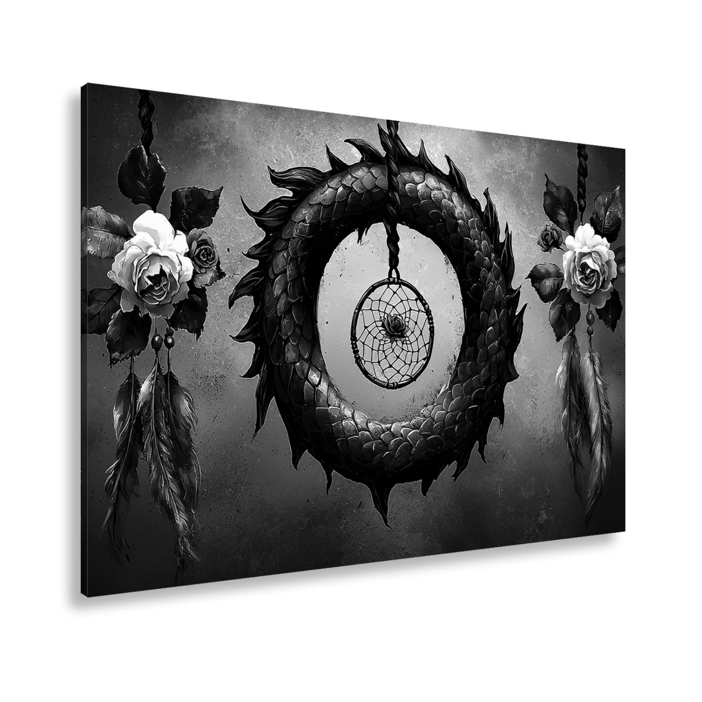Leinwandbild Drachenring XXL – Düster mit zarten Rosen und Federn - deyoli