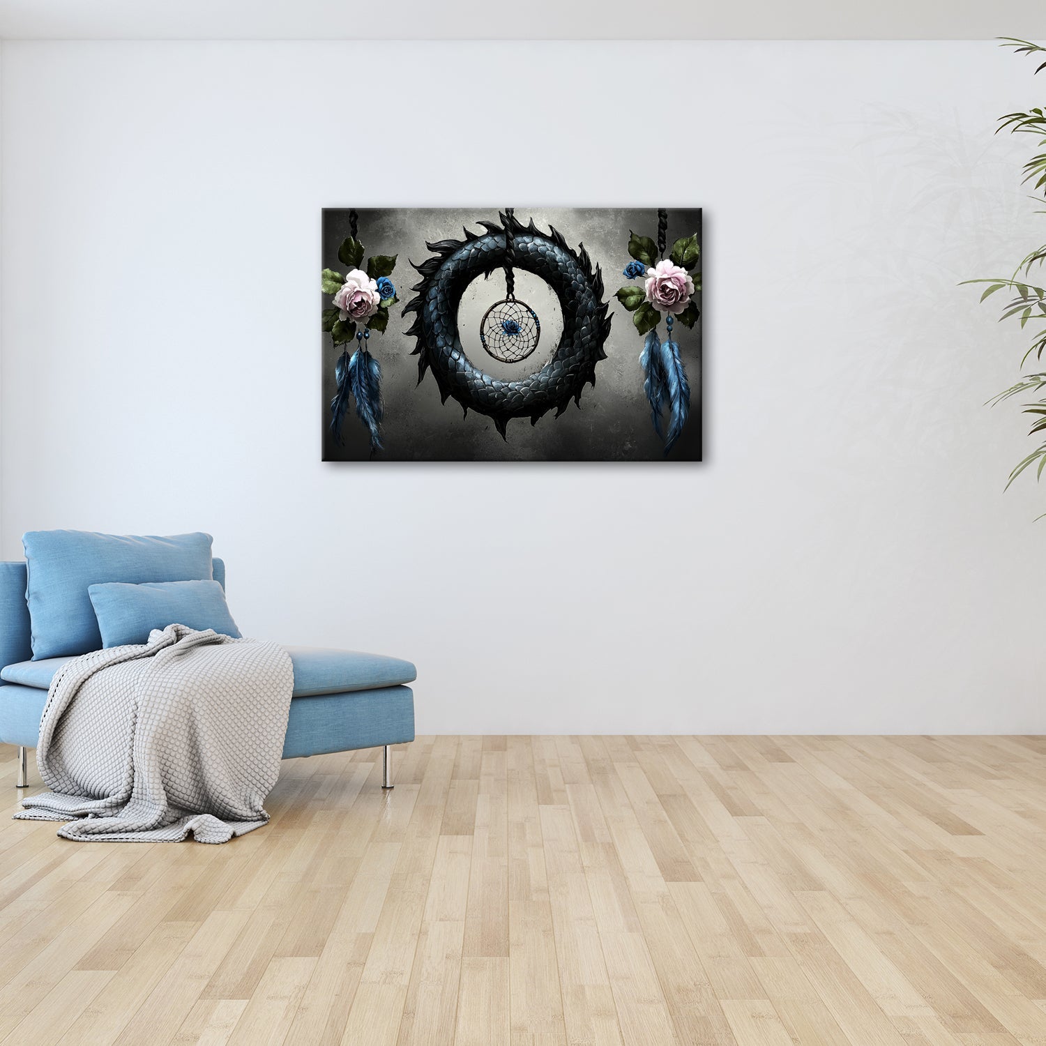 Leinwandbild Drachenring XXL – Düster mit zarten Rosen und Federn - deyoli