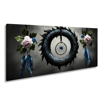 Leinwandbild Drachenring XXL – Düster mit zarten Rosen und Federn - deyoli