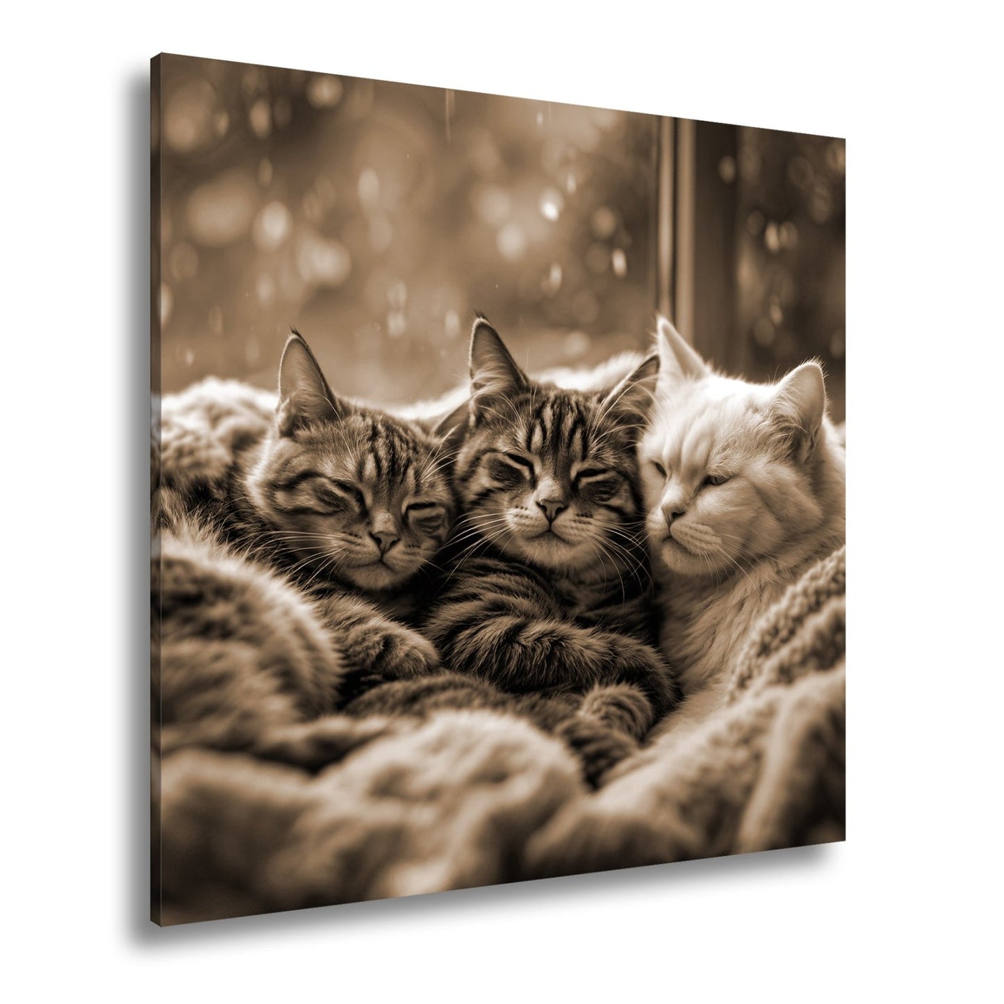 Leinwandbild Drei Katzen, ein Traum – vereint im Regenfensterzauber - deyoli