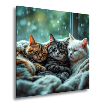 Leinwandbild Drei Katzen, ein Traum – vereint im Regenfensterzauber - deyoli