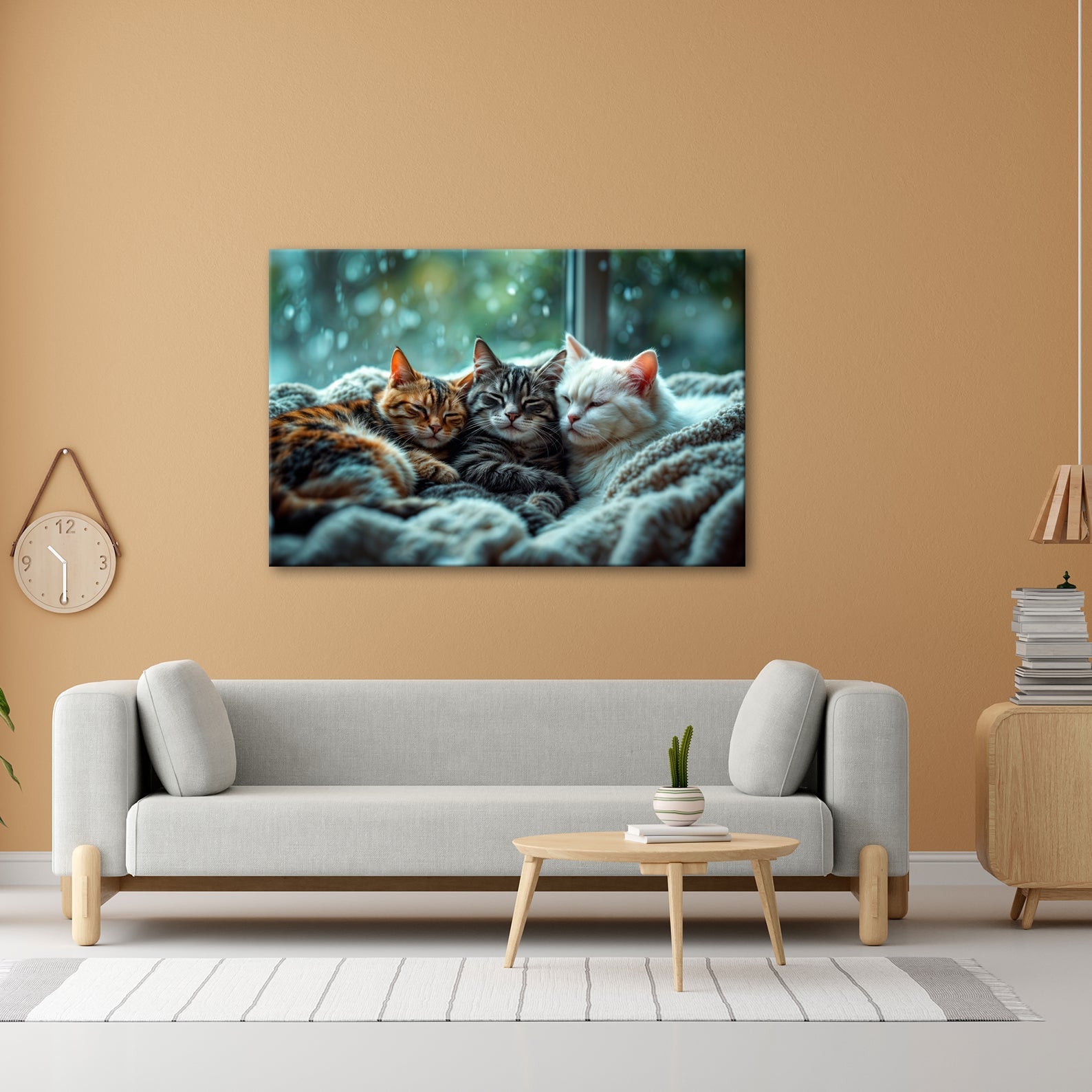 Leinwandbild Drei Katzen, ein Traum – vereint im Regenfensterzauber - deyoli