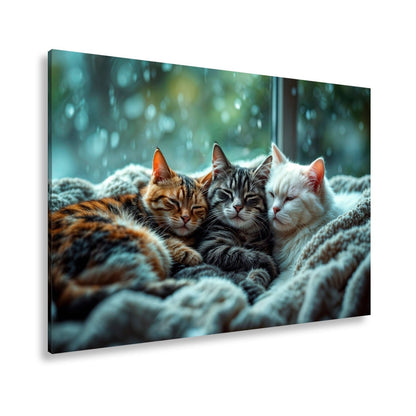 Leinwandbild Drei Katzen, ein Traum – vereint im Regenfensterzauber - deyoli