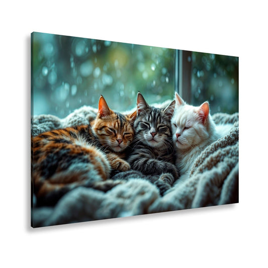 Leinwandbild Drei Katzen, ein Traum – vereint im Regenfensterzauber - deyoli