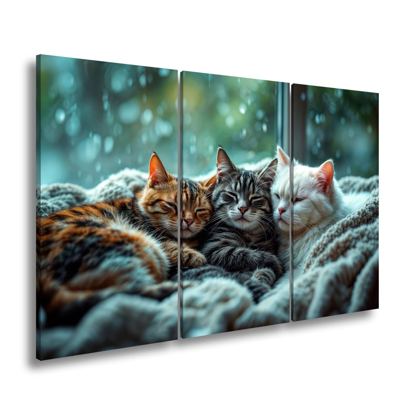 Leinwandbild Drei Katzen, ein Traum – vereint im Regenfensterzauber - deyoli