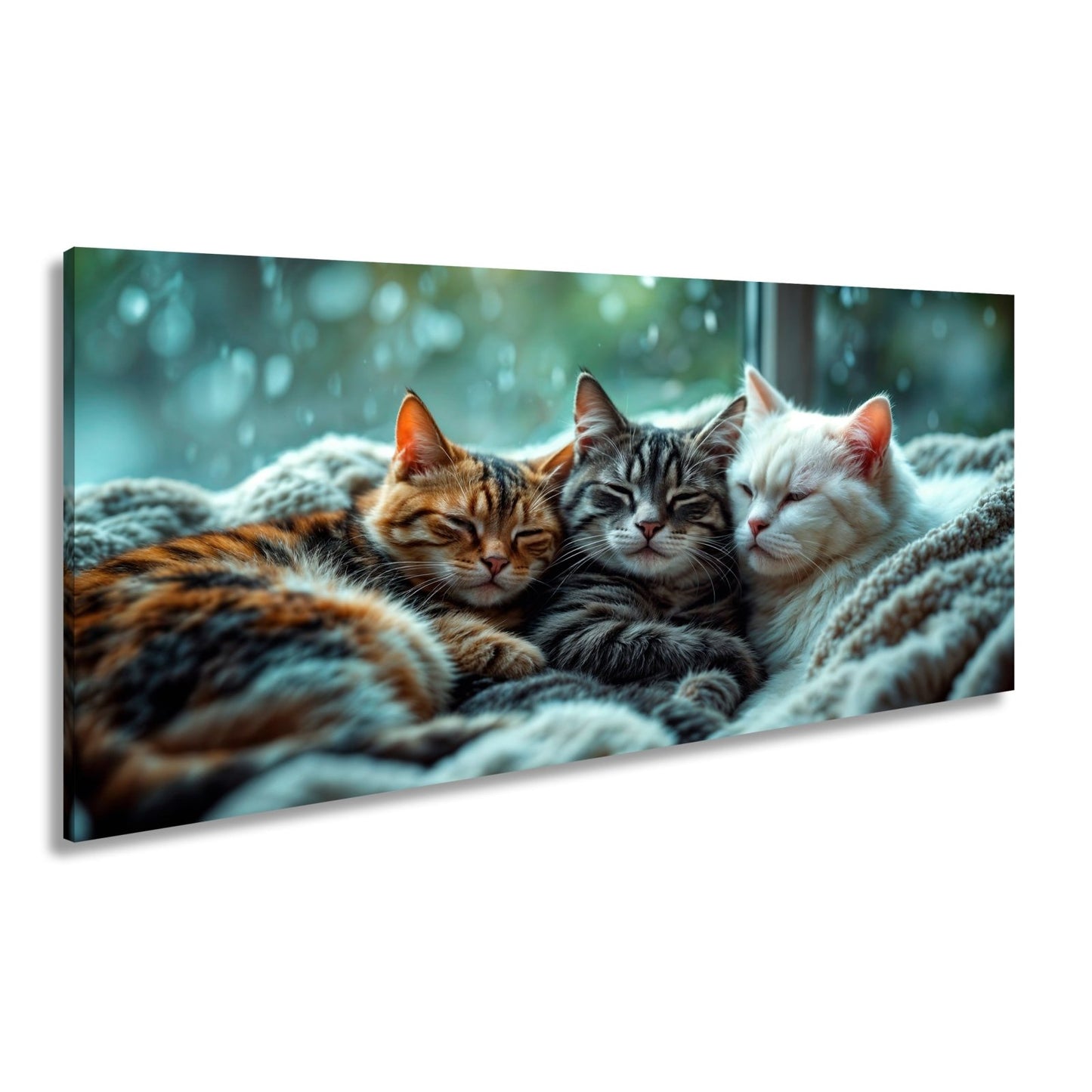 Leinwandbild Drei Katzen, ein Traum – vereint im Regenfensterzauber - deyoli