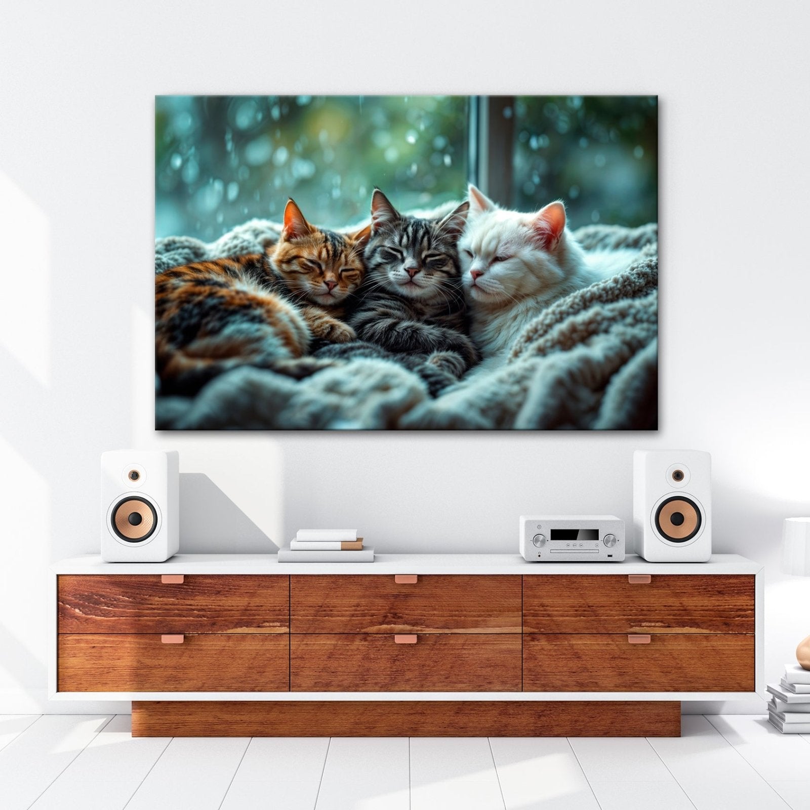 Leinwandbild Drei Katzen, ein Traum – vereint im Regenfensterzauber - deyoli