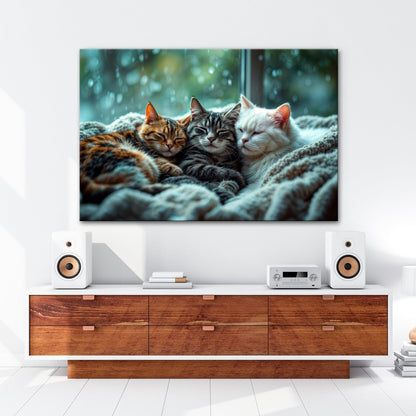 Leinwandbild Drei Katzen, ein Traum – vereint im Regenfensterzauber - deyoli