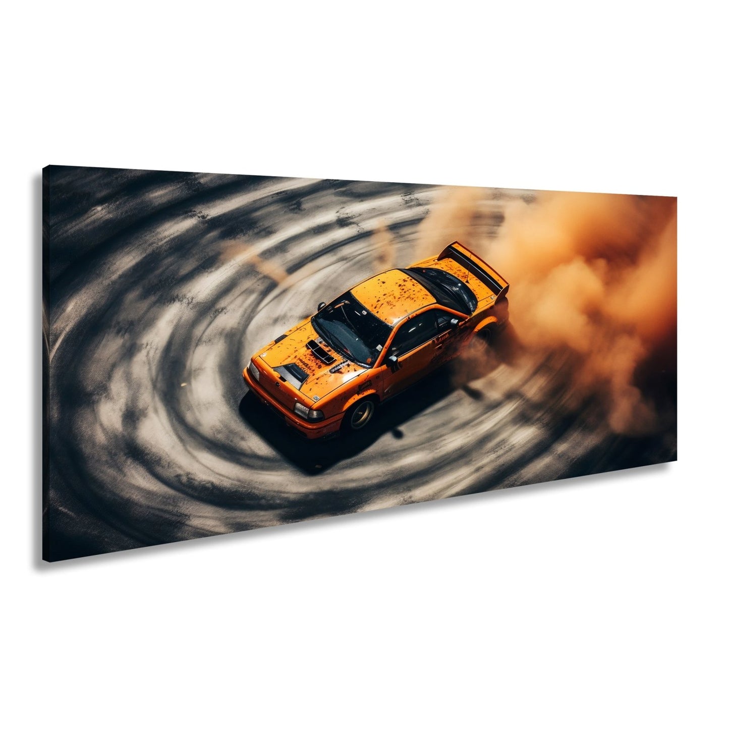 Leinwandbild Driftende Wut im orangefarbenen Rauch XXL – Auto Wandbild Drift - deyoli