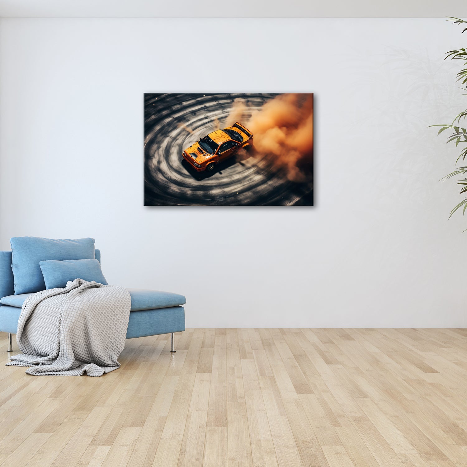 Leinwandbild Driftende Wut im orangefarbenen Rauch XXL – Auto Wandbild Drift - deyoli