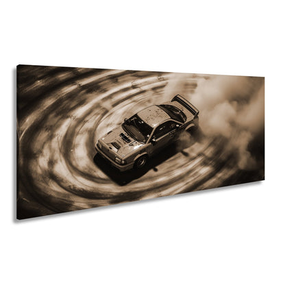 Leinwandbild Driftende Wut im orangefarbenen Rauch XXL – Auto Wandbild Drift - deyoli