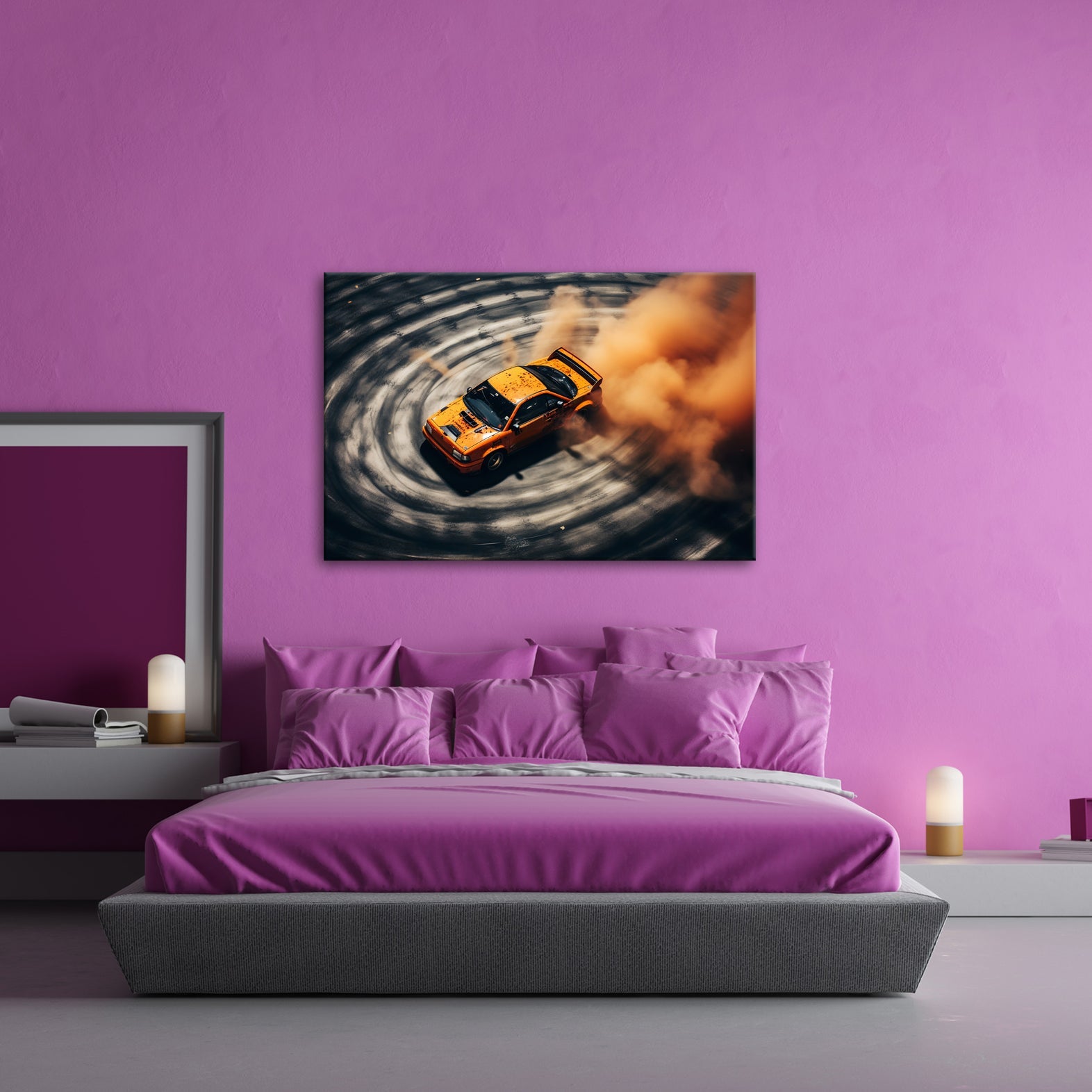 Leinwandbild Driftende Wut im orangefarbenen Rauch XXL – Auto Wandbild Drift - deyoli