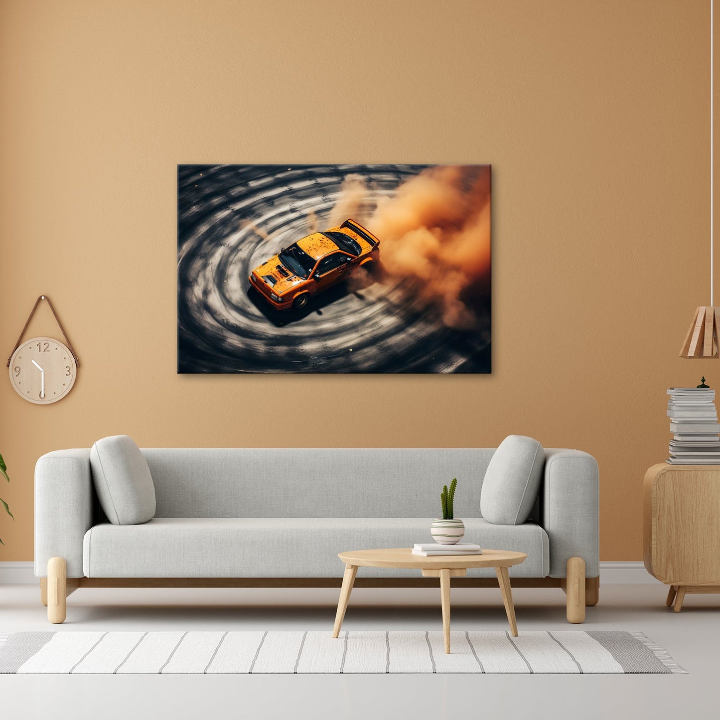 Leinwandbild Driftende Wut im orangefarbenen Rauch XXL – Auto Wandbild Drift - deyoli