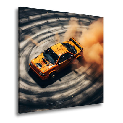 Leinwandbild Driftende Wut im orangefarbenen Rauch XXL – Auto Wandbild Drift - deyoli