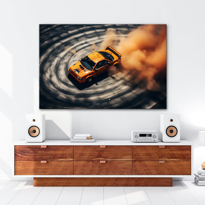 Leinwandbild Driftende Wut im orangefarbenen Rauch XXL – Auto Wandbild Drift - deyoli