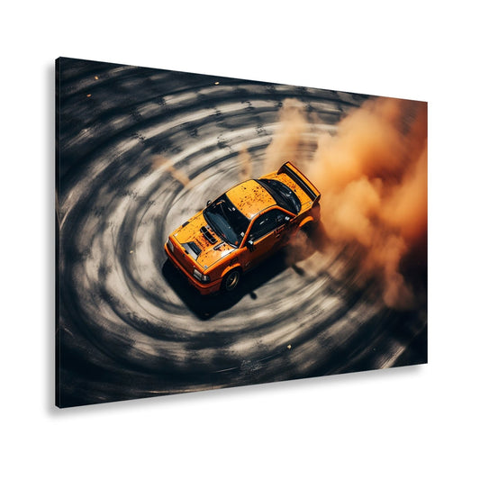 Leinwandbild Driftende Wut im orangefarbenen Rauch XXL – Auto Wandbild Drift - deyoli