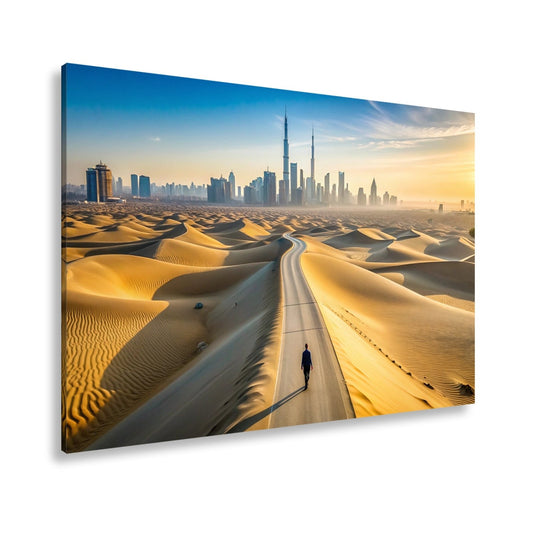Leinwandbild Dubai XXL – Endlose Wüstenstraße führt einsam in Skylineglanz - deyoli