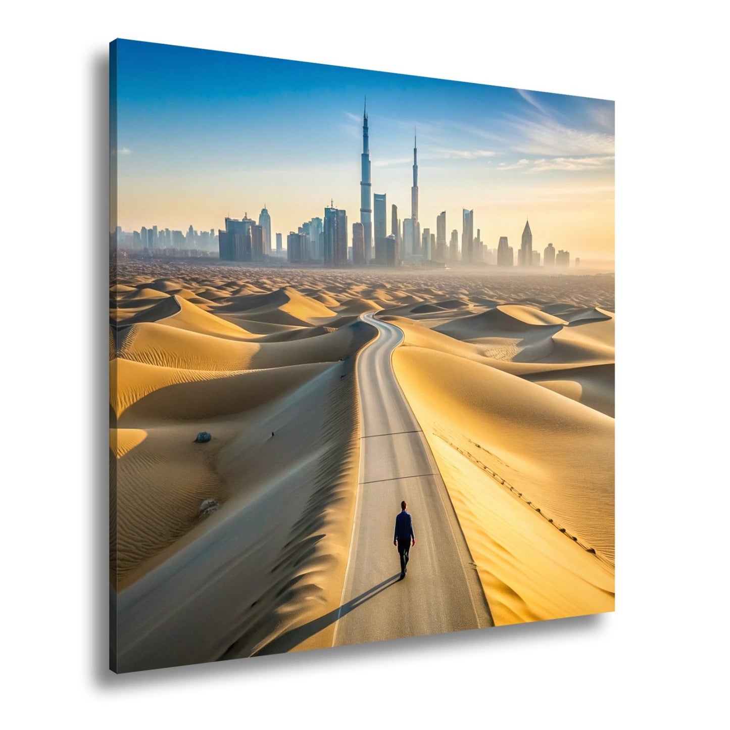 Leinwandbild Dubai XXL – Endlose Wüstenstraße führt einsam in Skylineglanz - deyoli