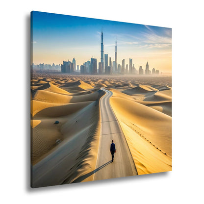 Leinwandbild Dubai XXL – Endlose Wüstenstraße führt einsam in Skylineglanz - deyoli
