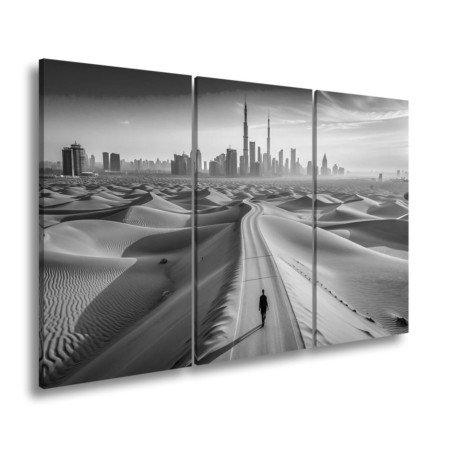 Leinwandbild Dubai XXL – Endlose Wüstenstraße führt einsam in Skylineglanz - deyoli