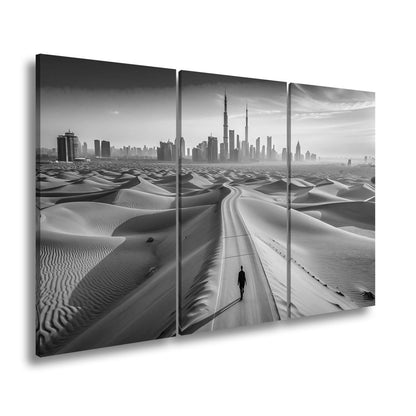 Leinwandbild Dubai XXL – Endlose Wüstenstraße führt einsam in Skylineglanz - deyoli