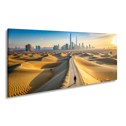 Leinwandbild Dubai XXL – Endlose Wüstenstraße führt einsam in Skylineglanz - deyoli