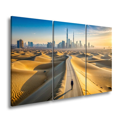 Leinwandbild Dubai XXL – Endlose Wüstenstraße führt einsam in Skylineglanz - deyoli