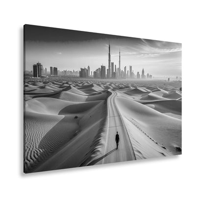 Leinwandbild Dubai XXL – Endlose Wüstenstraße führt einsam in Skylineglanz - deyoli