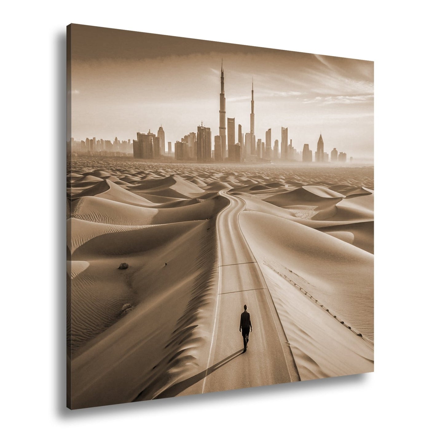 Leinwandbild Dubai XXL – Endlose Wüstenstraße führt einsam in Skylineglanz - deyoli