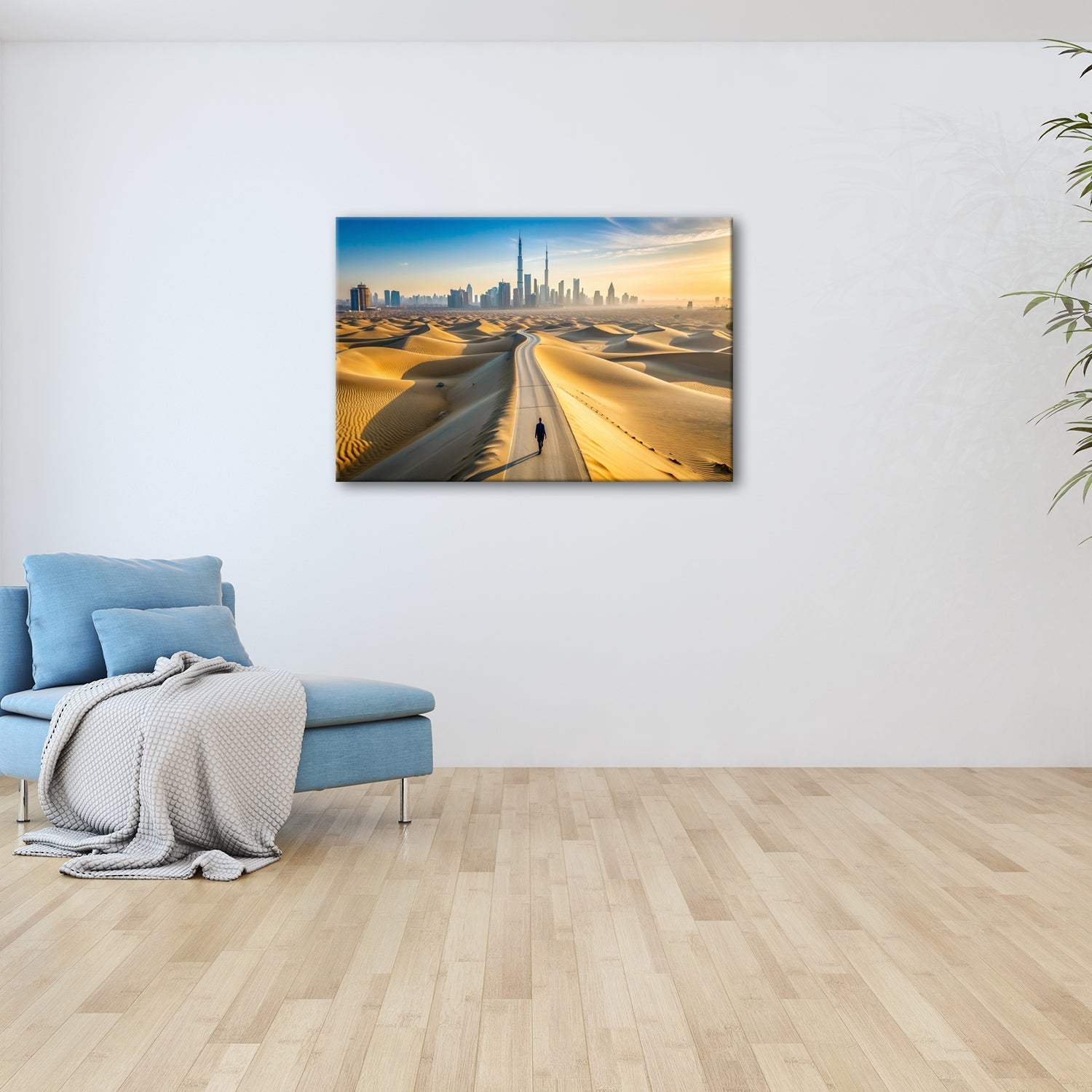 Leinwandbild Dubai XXL – Endlose Wüstenstraße führt einsam in Skylineglanz - deyoli