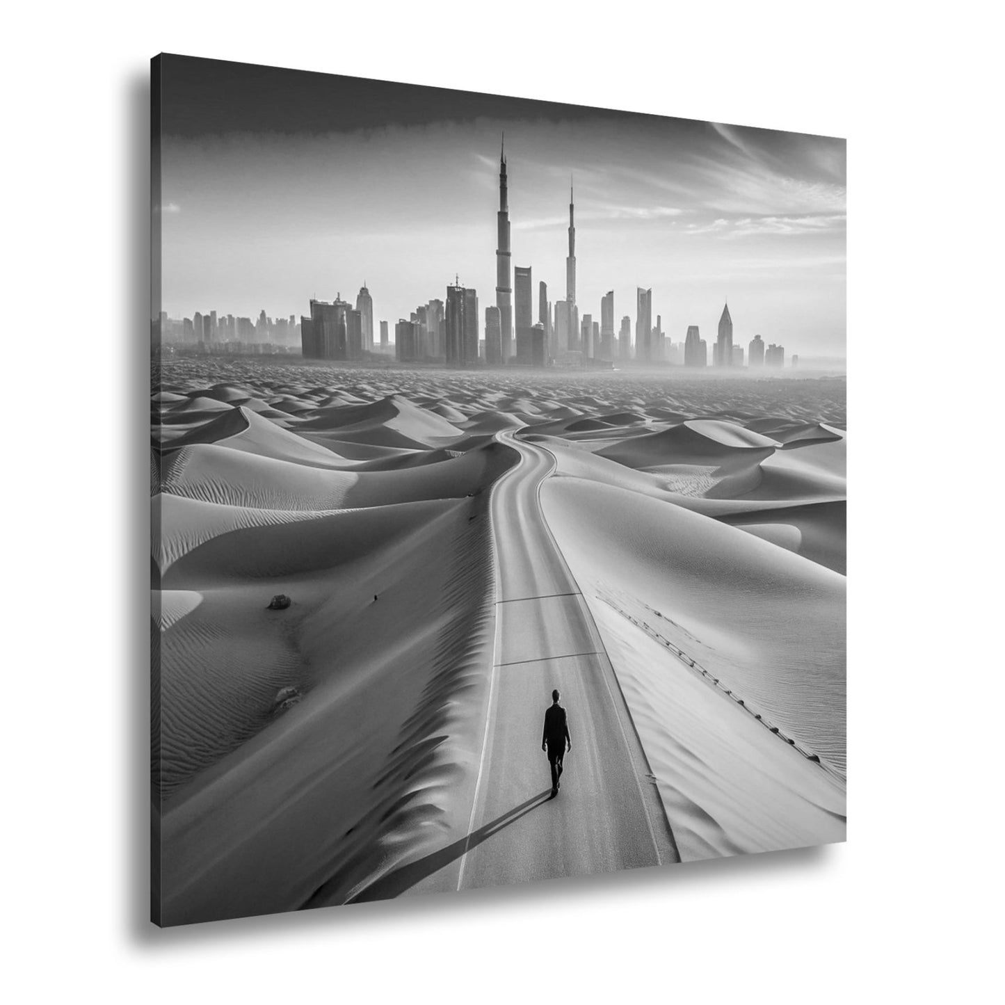 Leinwandbild Dubai XXL – Endlose Wüstenstraße führt einsam in Skylineglanz - deyoli