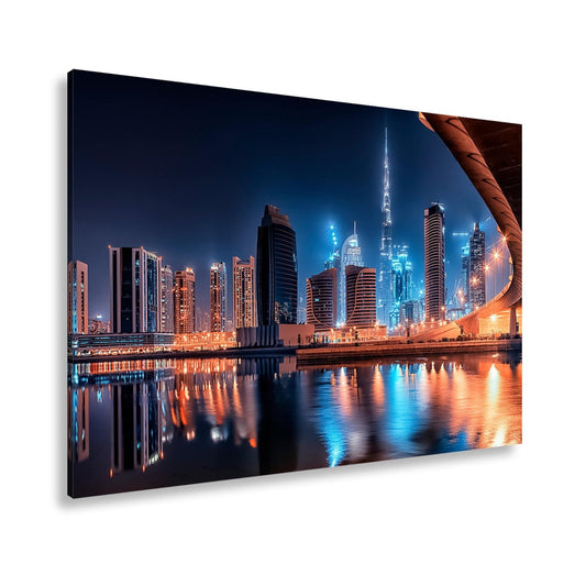 Leinwandbild Dubai XXL – Skyline bei Nacht mit funkelndem Lichterglanz - deyoli