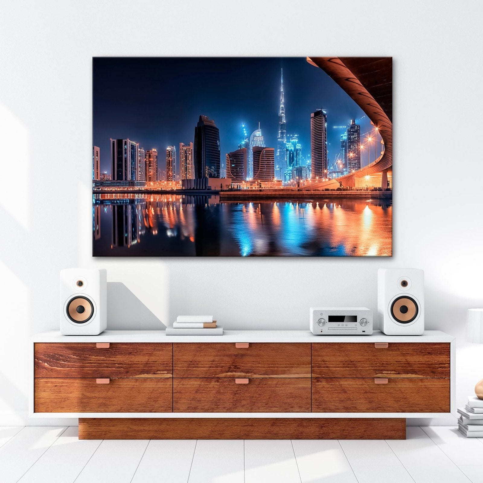 Leinwandbild Dubai XXL – Skyline bei Nacht mit funkelndem Lichterglanz - deyoli
