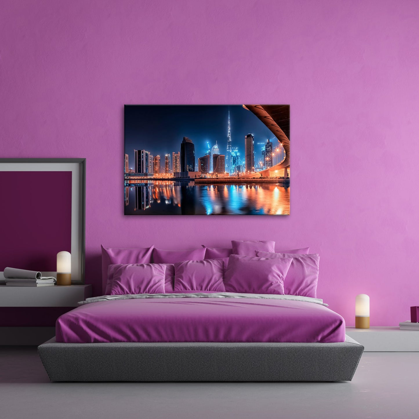 Leinwandbild Dubai XXL – Skyline bei Nacht mit funkelndem Lichterglanz - deyoli
