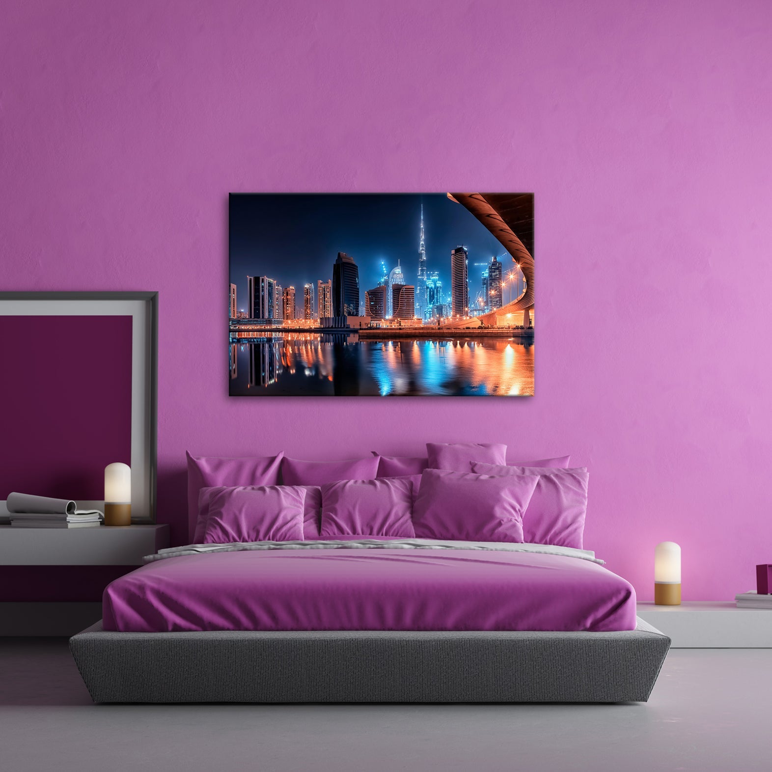 Leinwandbild Dubai XXL – Skyline bei Nacht mit funkelndem Lichterglanz - deyoli