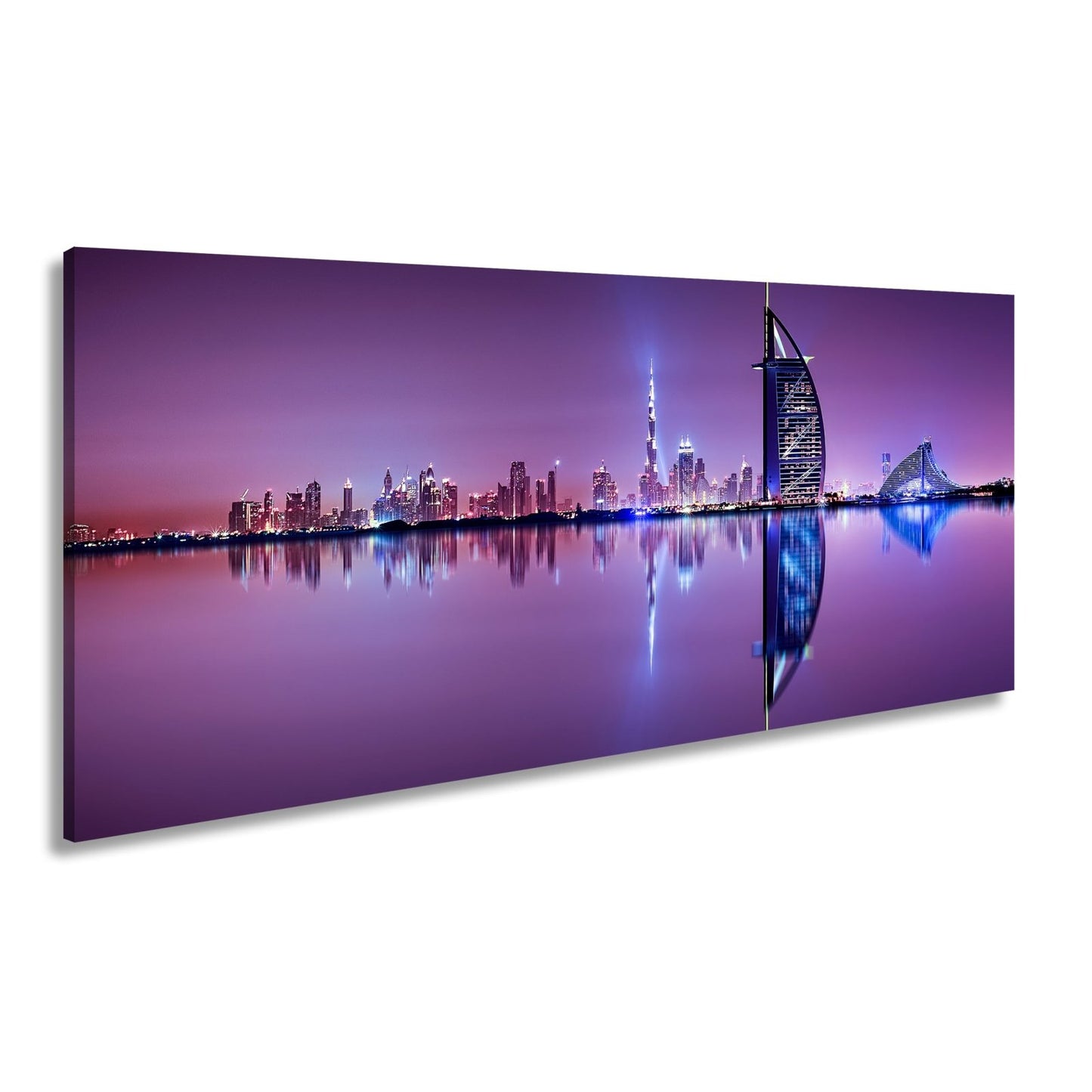 Leinwandbild Dubai XXL – Skyline in lila - glänzender Nacht - deyoli