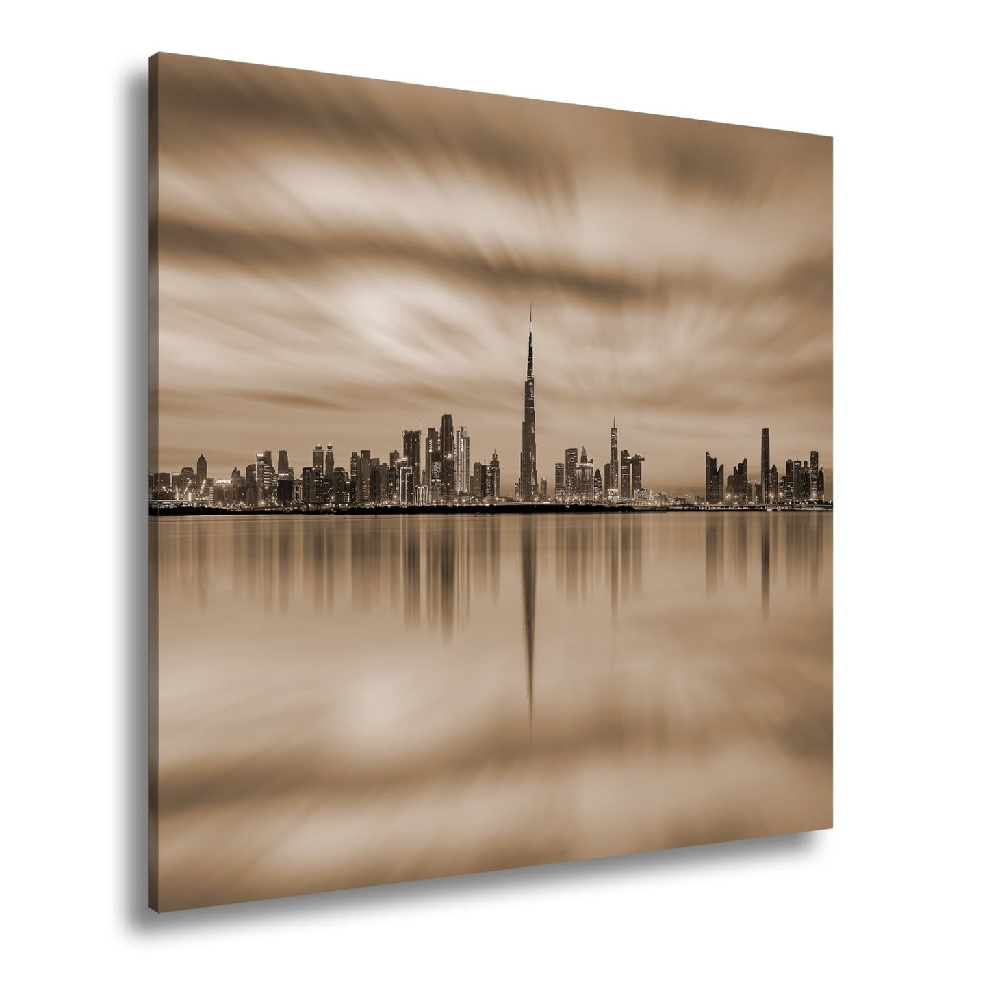Leinwandbild Dubai XXL – Skyline spiegelt im glühenden Abendhimmel - deyoli