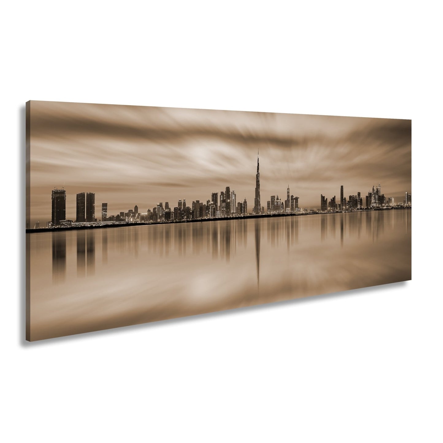 Leinwandbild Dubai XXL – Skyline spiegelt im glühenden Abendhimmel - deyoli