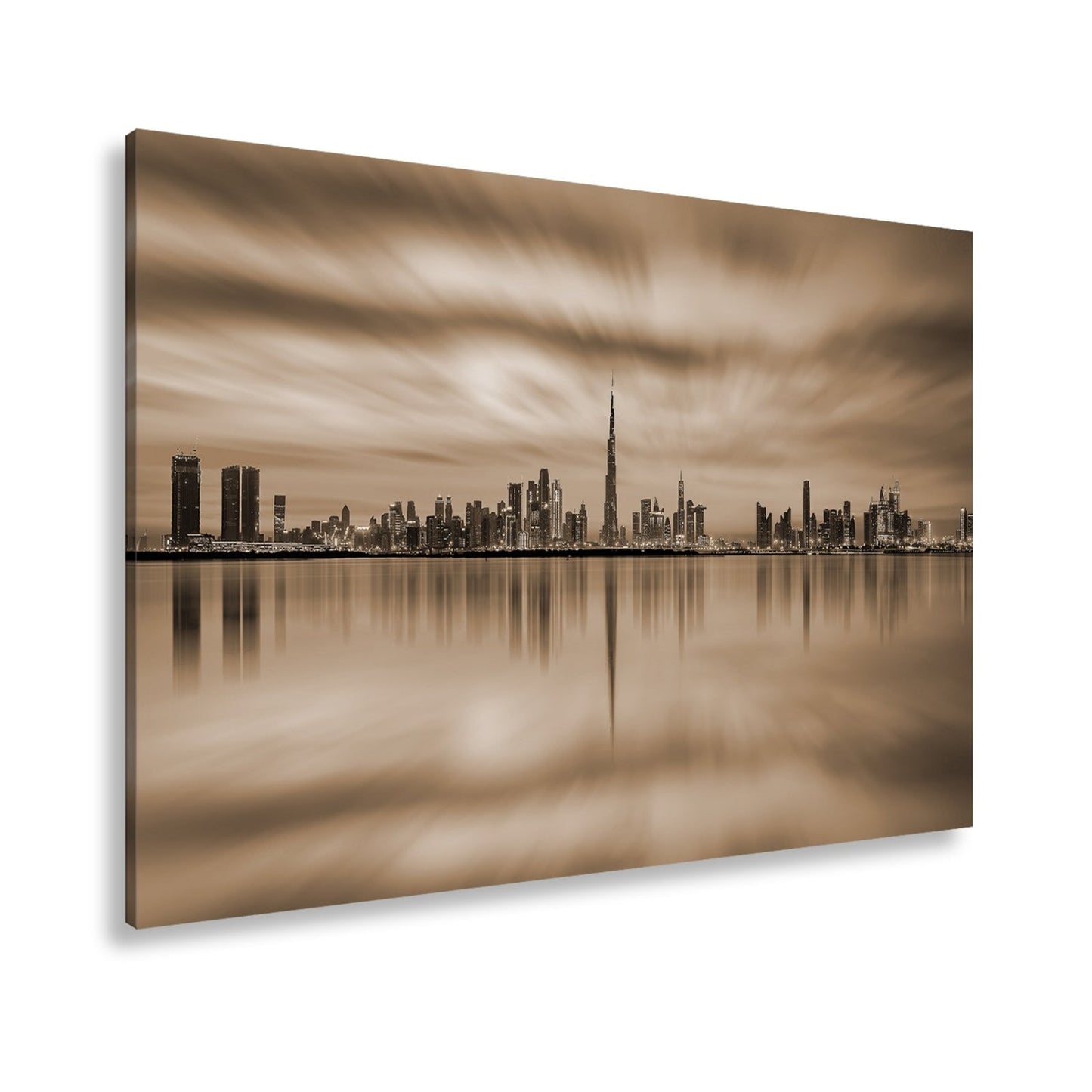 Leinwandbild Dubai XXL – Skyline spiegelt im glühenden Abendhimmel - deyoli