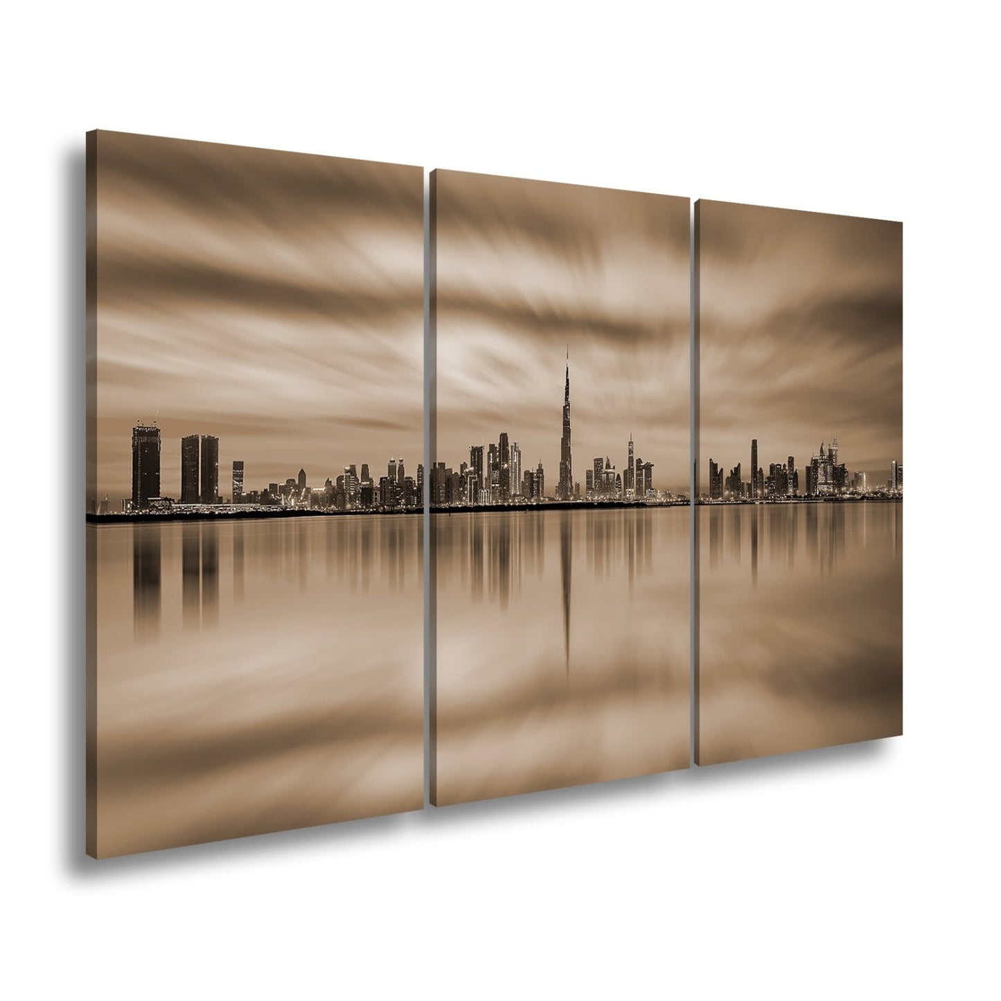 Leinwandbild Dubai XXL – Skyline spiegelt im glühenden Abendhimmel - deyoli