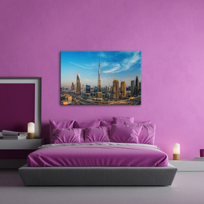 Leinwandbild Dubai XXL – Sonnige Skyline mit Burj Khalifa im Zentrum - deyoli