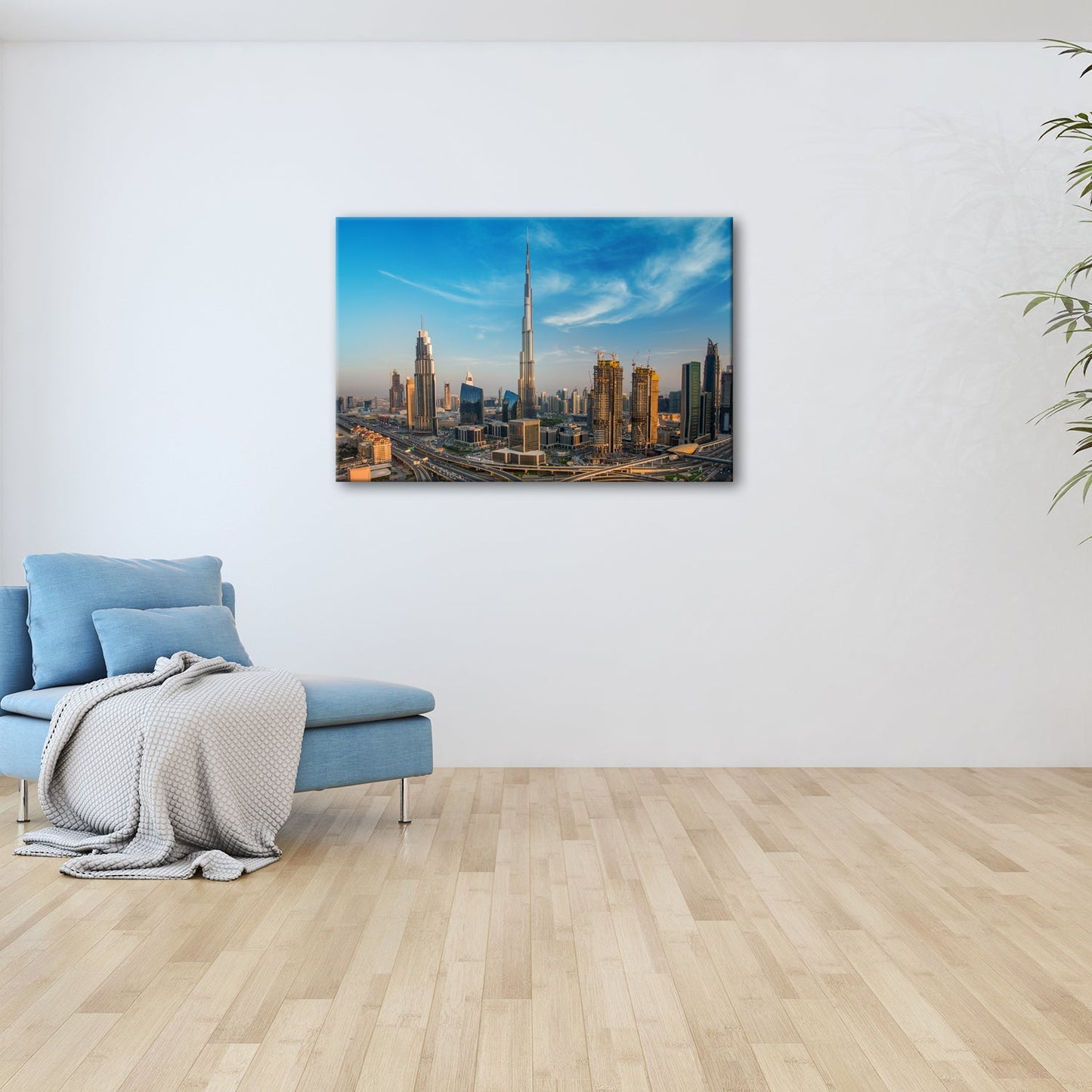 Leinwandbild Dubai XXL – Sonnige Skyline mit Burj Khalifa im Zentrum - deyoli