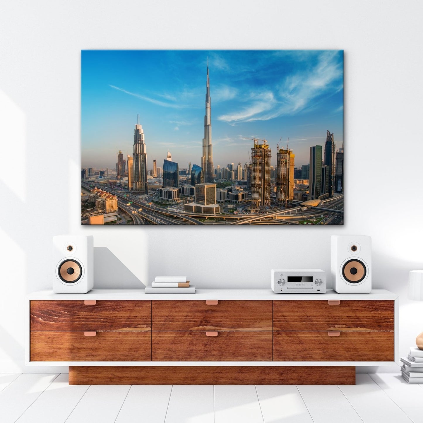 Leinwandbild Dubai XXL – Sonnige Skyline mit Burj Khalifa im Zentrum - deyoli
