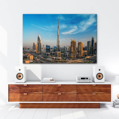 Leinwandbild Dubai XXL – Sonnige Skyline mit Burj Khalifa im Zentrum - deyoli