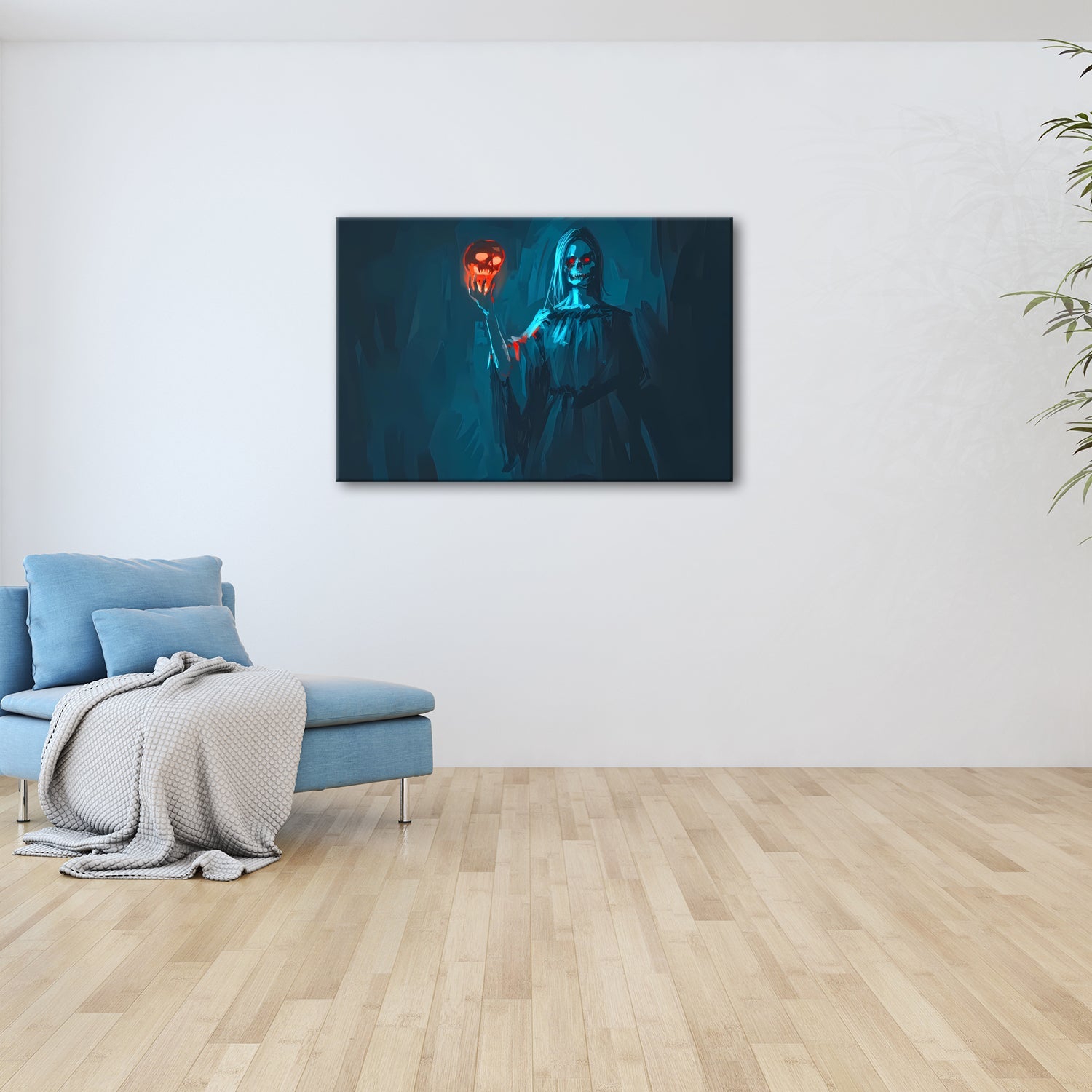 Leinwandbild Dunkle Gestalt erhebt einen glühenden Totenschädel - deyoli
