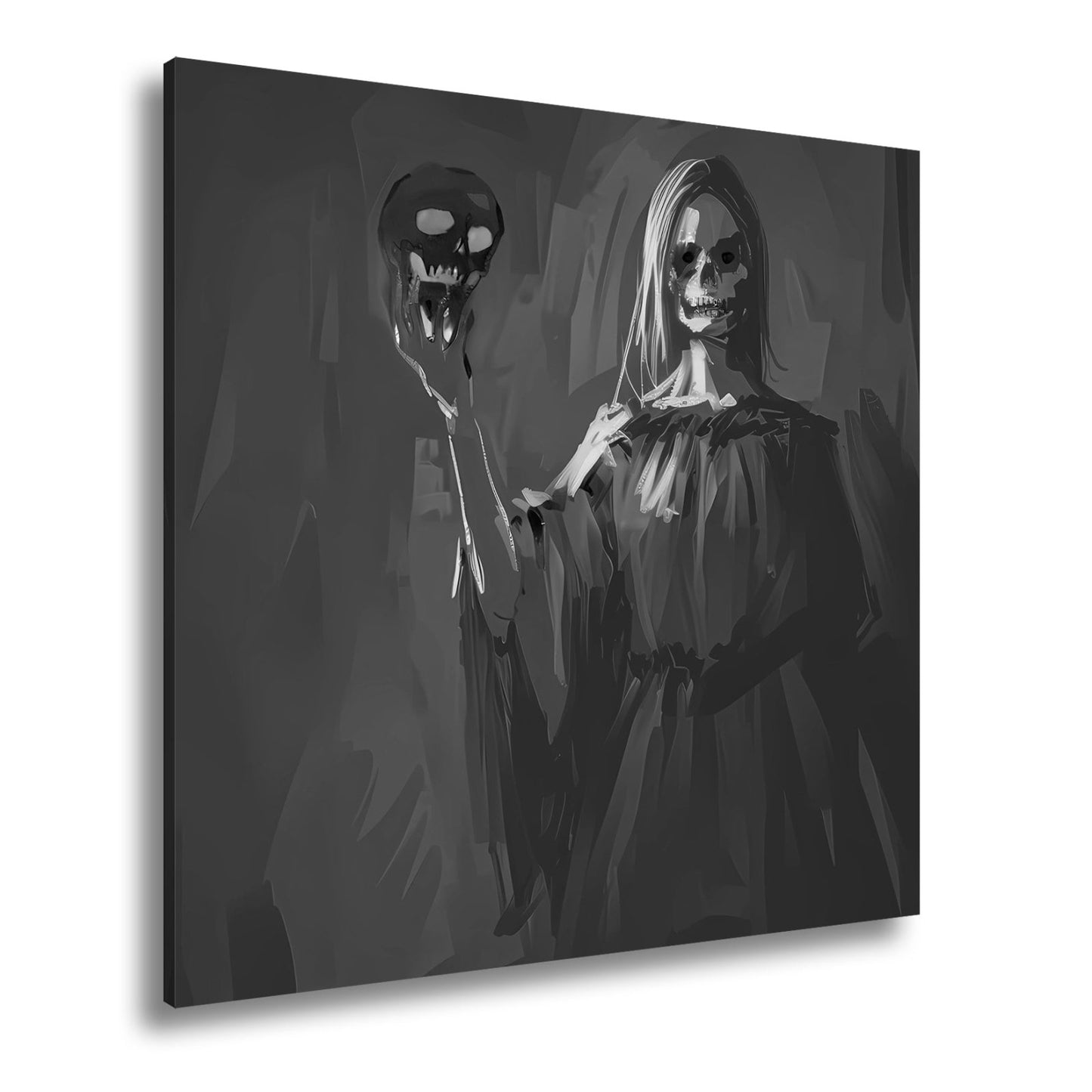 Leinwandbild Dunkle Gestalt erhebt einen glühenden Totenschädel - deyoli