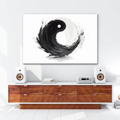 Leinwandbild Dynamisches Yin und Yang in kraftvoller schwarzer Pinselbewegung - deyoli